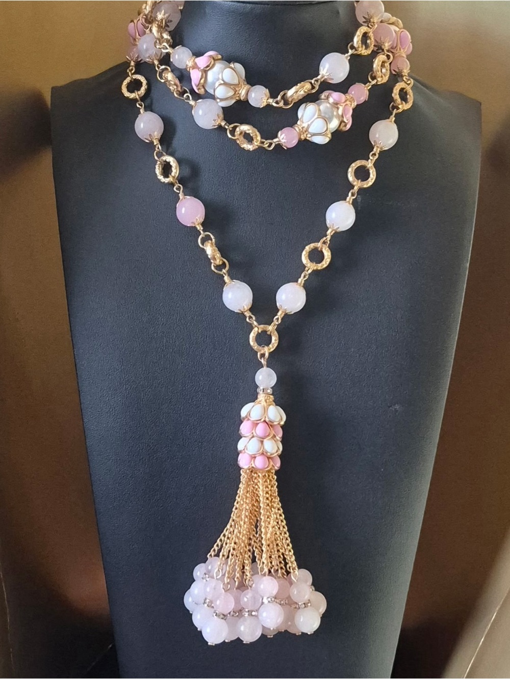 Catwalk Jon Gold and Pink Glass Beaded Tassel Necklace - Women's Jewelry Siged
